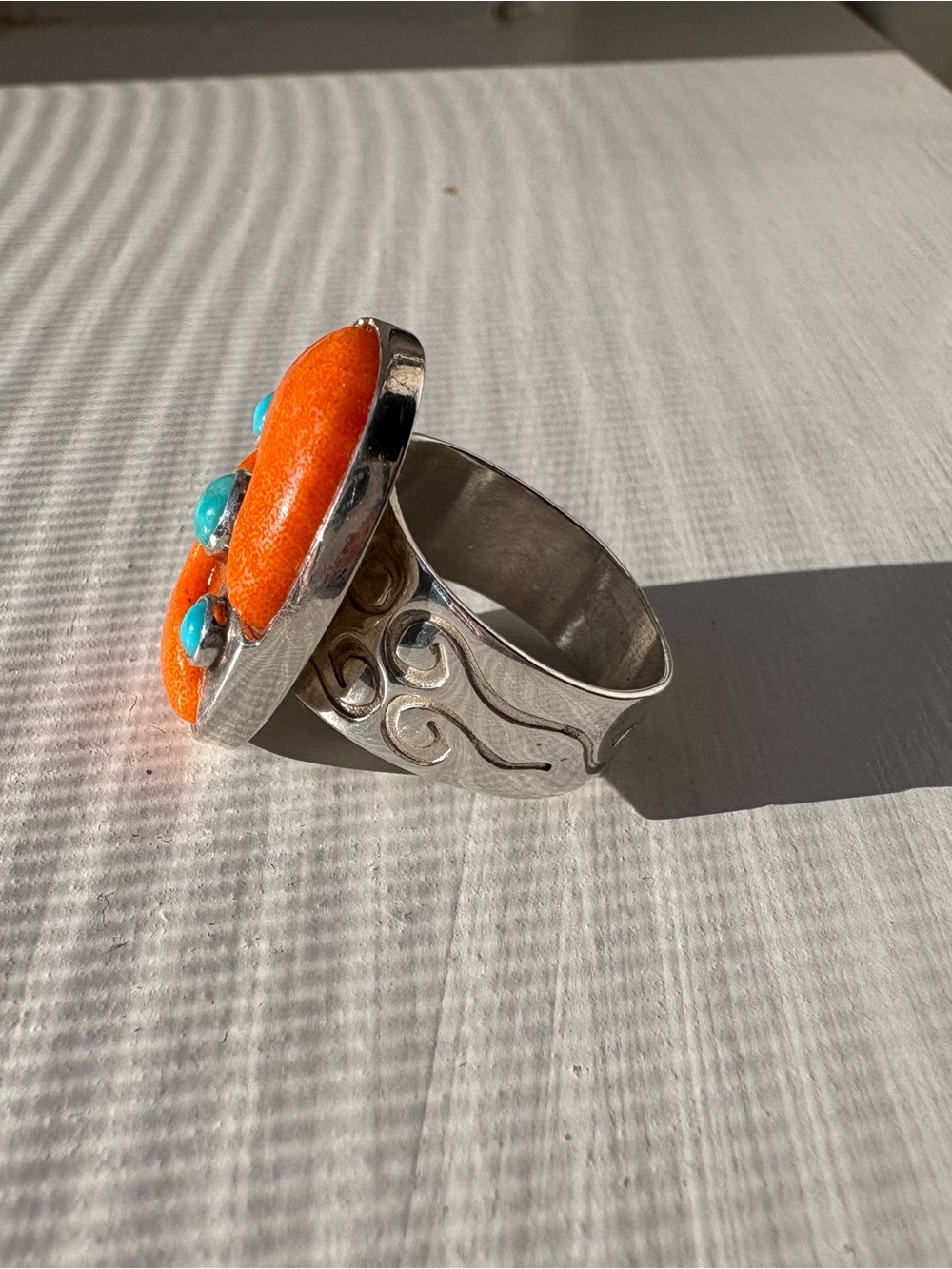 Jay King Sterling Silver & Orange Coral and Turquoise Oval Ring. Size 7 - Picture 5 of 15